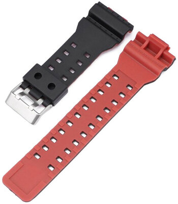 Bracelet pour Casio G-Shock, plastique, rouge-noir, boucle argentée (pour modèles GA-100, GA-110, GD-120, GLS-100)