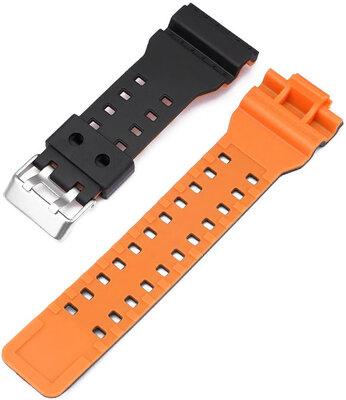 Bracelet pour Casio G-Shock, plastique, orange-noir, boucle argentée (pour modèles GA-100, GA-110, GD-120, GLS-100)