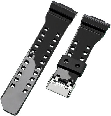 Bracelet pour Casio G-Shock, plastique, noir brillant, boucle argentée (pour modèles GA-100, GA-110, GD-120, GLS-100)