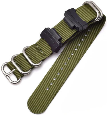 Bracelet pour Casio G-Shock, textile, vert armée, boucle argentée (pour modèles GA-100/110/120, DW-5600, GD-100)