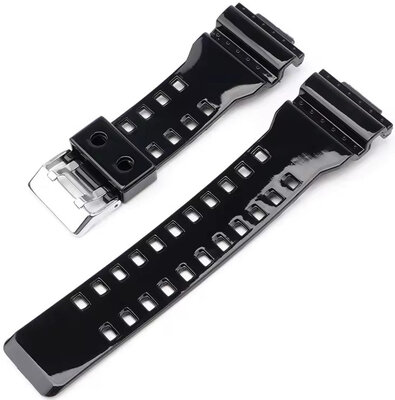 Bracelet pour Casio G-Shock, plastique, noir, brillant, boucle argentée (pour modèles GA-100, GA-110, GD-120, GLS-100)